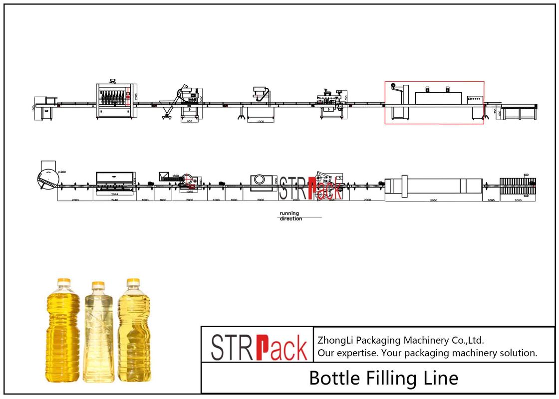 สายการบรรจุน้ำมันบริโภค 1L-5L พร้อมเครื่องบรรจุเซอร์โว, เครื่องปิดฝา, เครื่องติดฉลาก, เครื่องห่อหุ้มปลอกหุ้ม